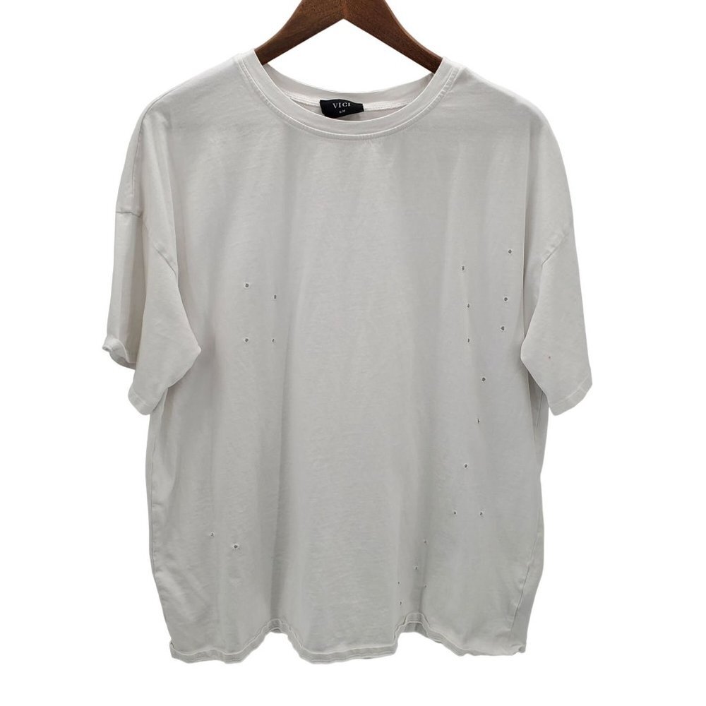 VICI Womens White Distressed Short Sleeve‎ T-Shirt Sz S/M Crew Neck 100% Cotton